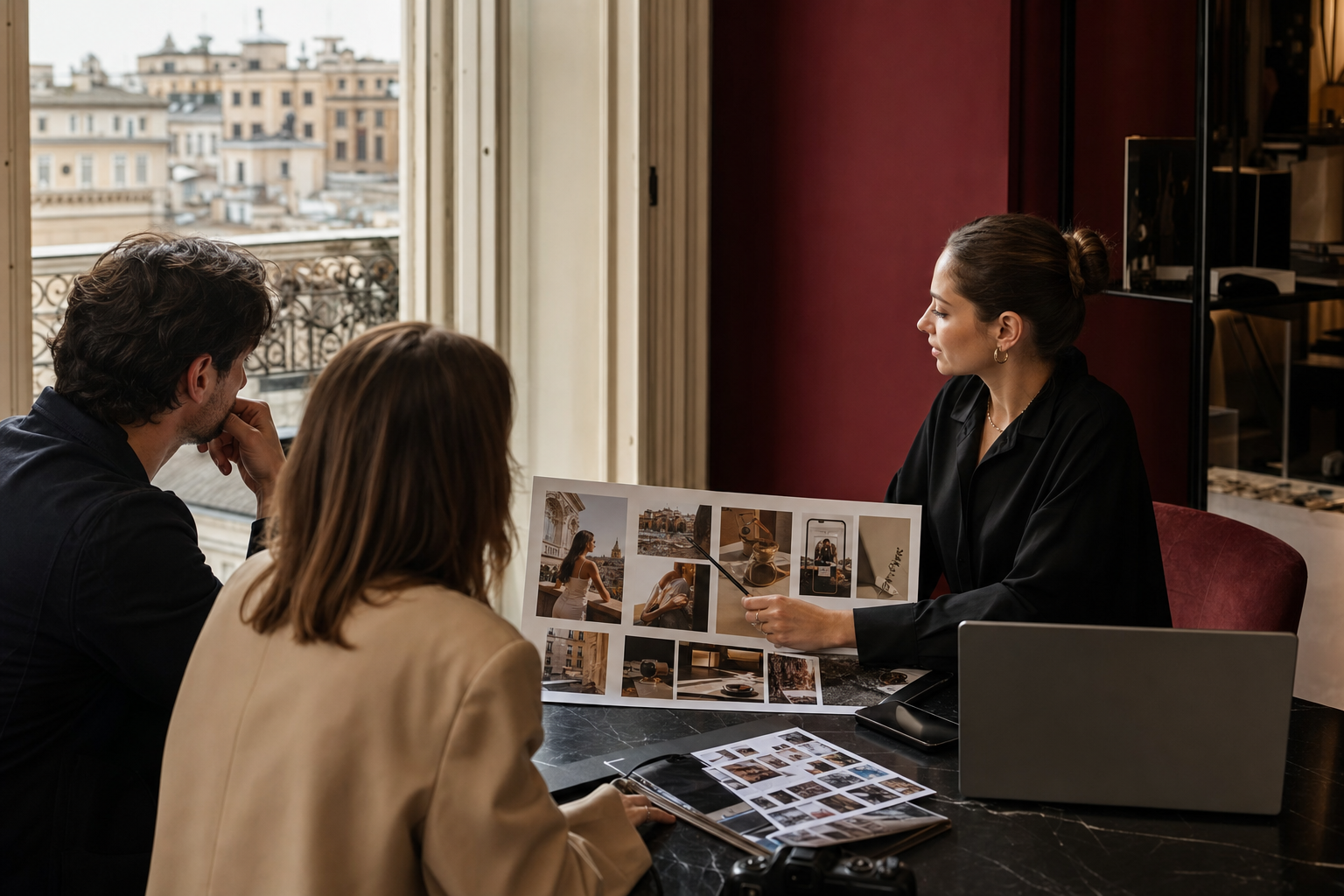 Una social media strategist presenta una campagna ai clienti in uno studio romano